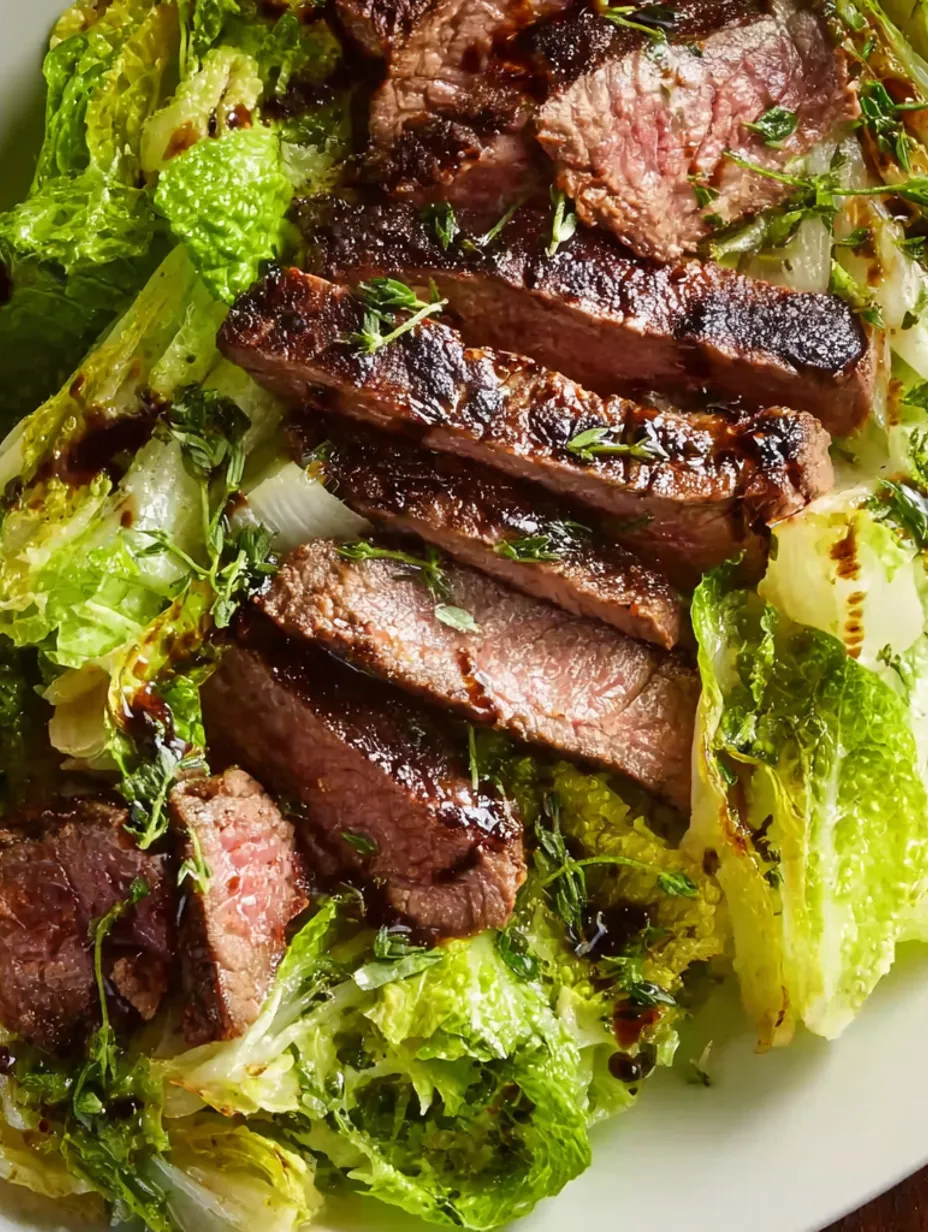 A close up of a pan seared steak with crispy herbs and escarole.
