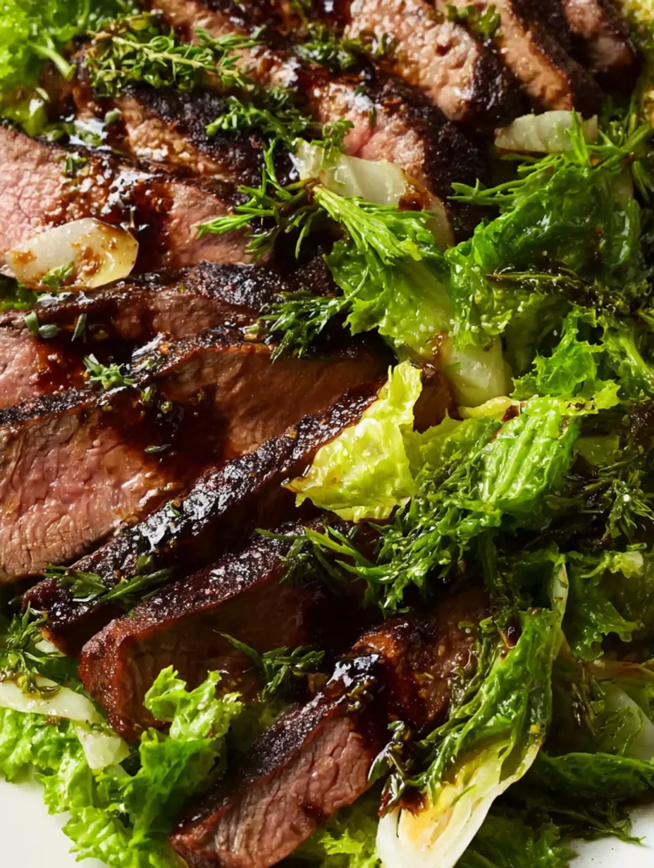A pan-seared steak with crispy herbs and escarole.