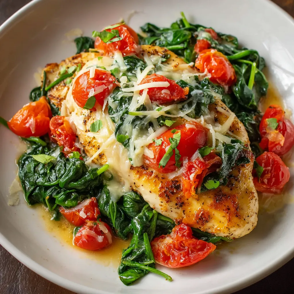 A plate of chicken with tomatoes and basil.