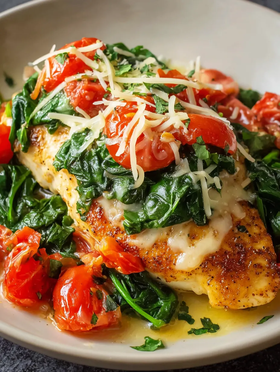 A skillet with chicken, tomatoes, and basil.