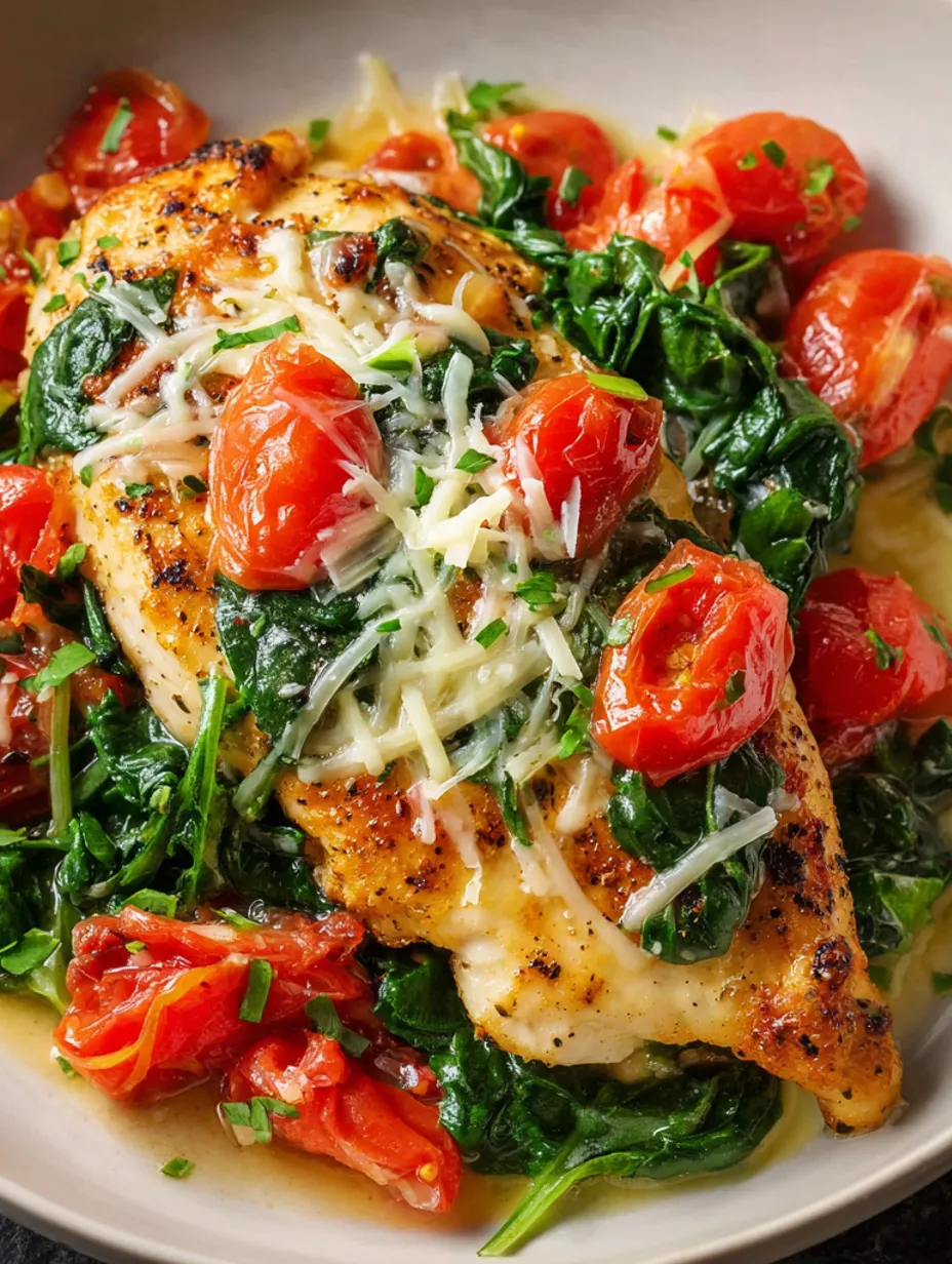 A plate of chicken with tomatoes and basil.