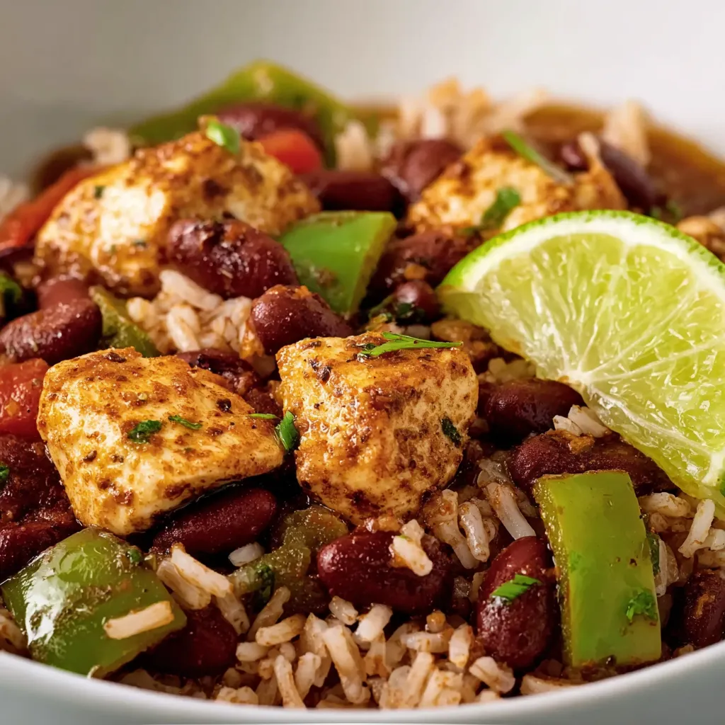 A bowl of red beans and rice with chicken.
