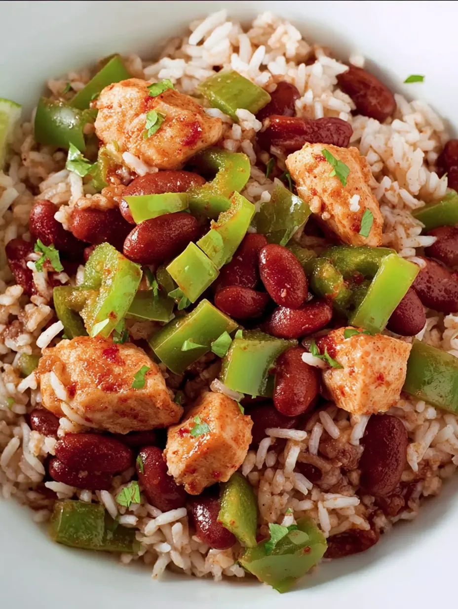 A bowl of red beans and rice with chicken.