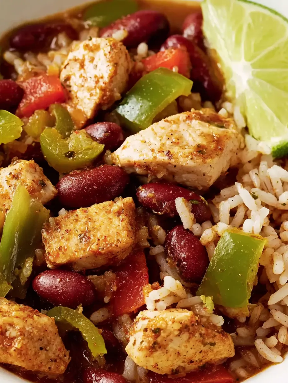 A plate of red beans and rice with chicken.