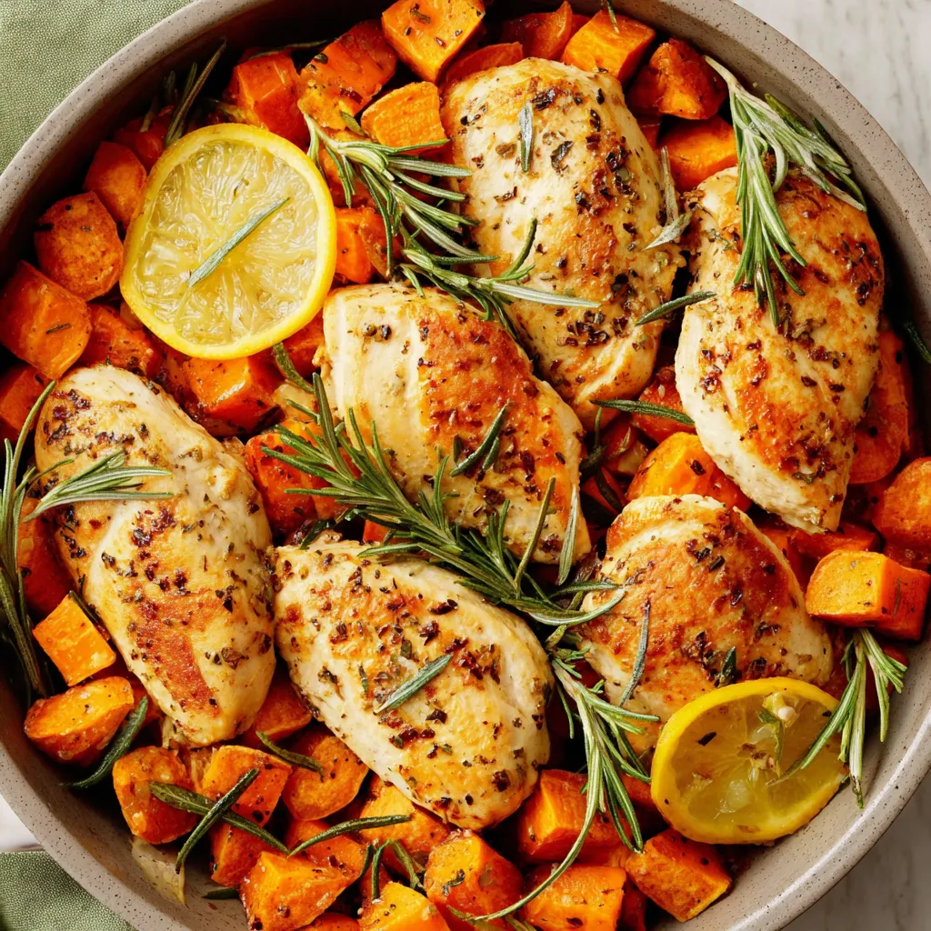 A dish of chicken with rosemary and sweet potatoes.