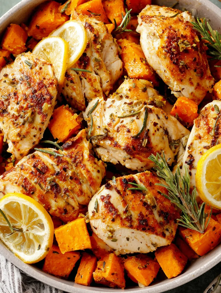 A dish of chicken with sweet potatoes and rosemary.