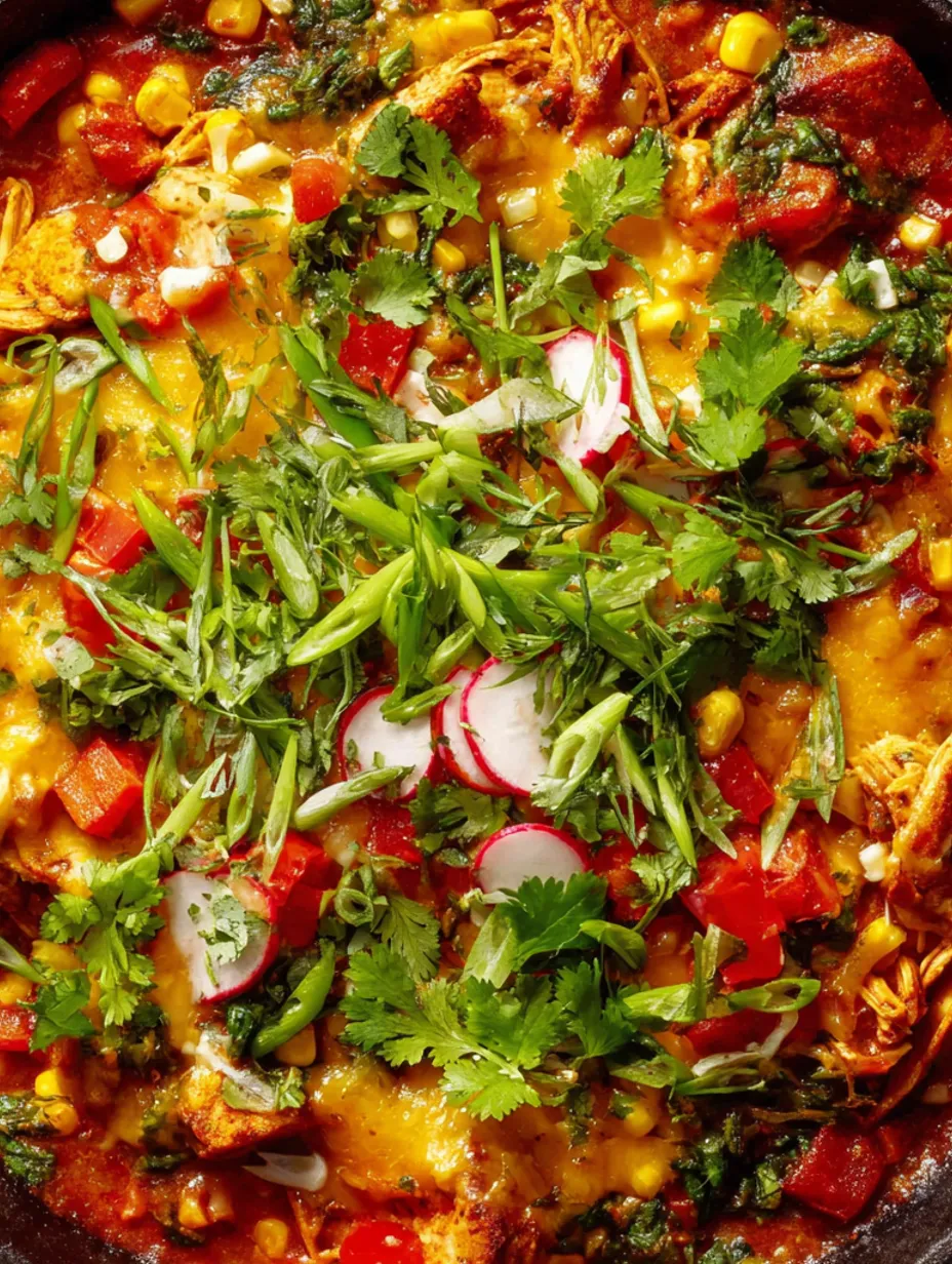 A close up of a delicious chicken enchilada skillet casserole.