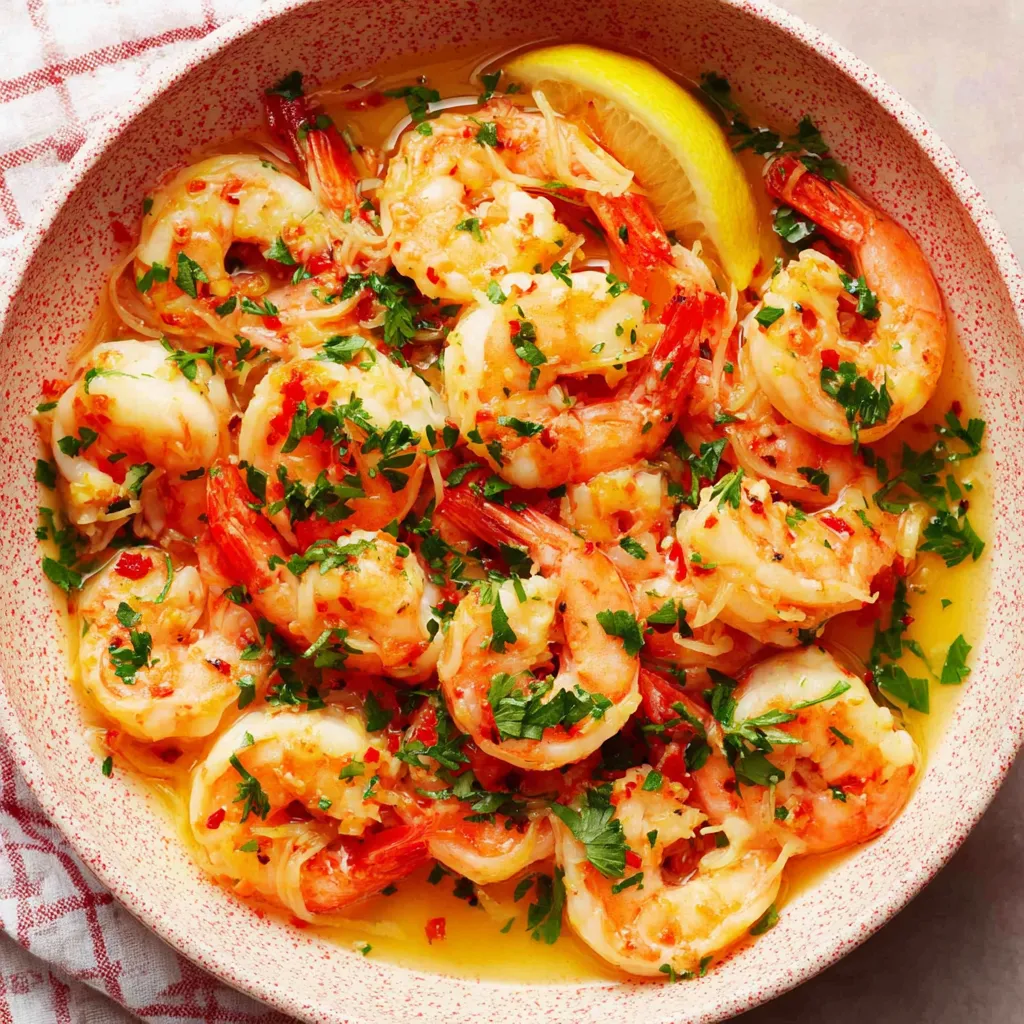A bowl of shrimp scampi with a lemon wedge on top.