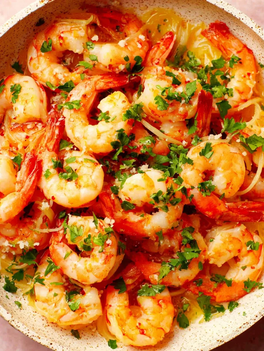A bowl of shrimp scampi with herbs and spices.