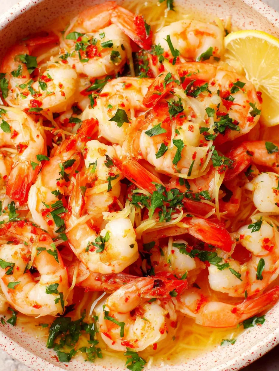 A bowl of shrimp scampi with a lemon wedge.