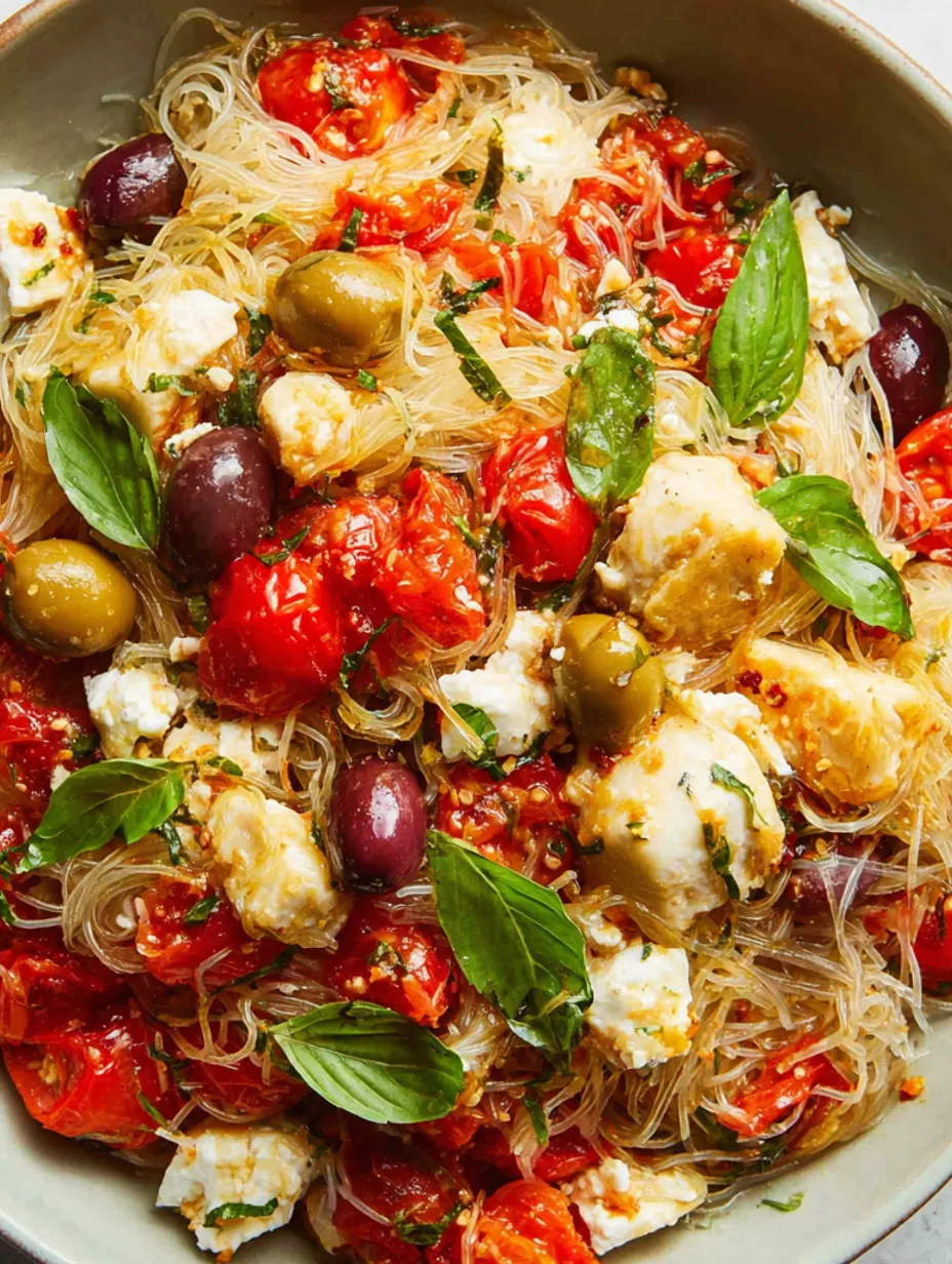 A bowl of shirataki noodles with chicken, feta, and tomato.