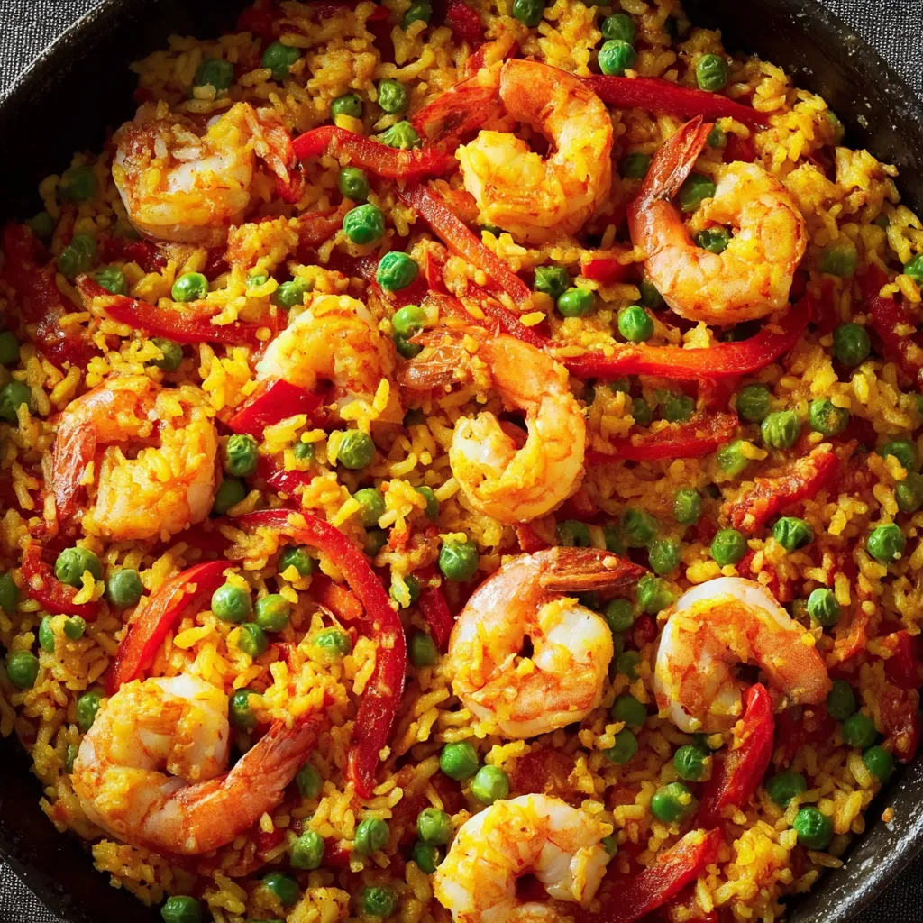 A skillet with shrimp, rice, and peas.