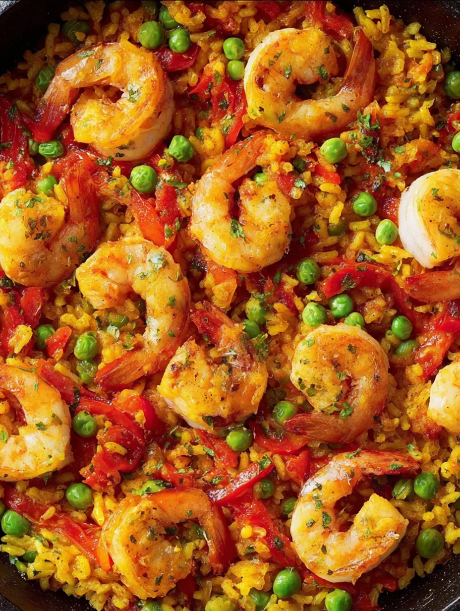 A close up of a skillet shrimp with rice and peas.