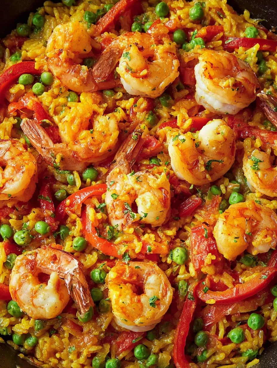 A dish of shrimp and rice with peas.
