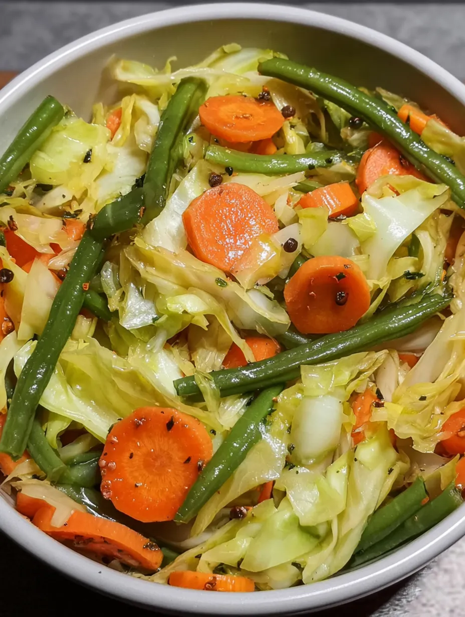 A bowl of food with carrots, green beans, and cabbage.