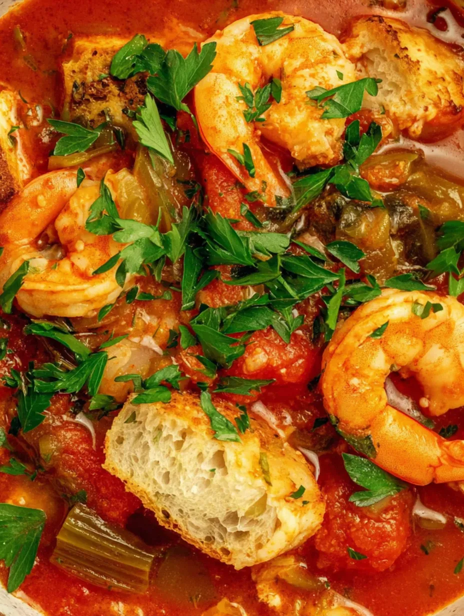 A close up of a bowl of shrimp and fish stew.