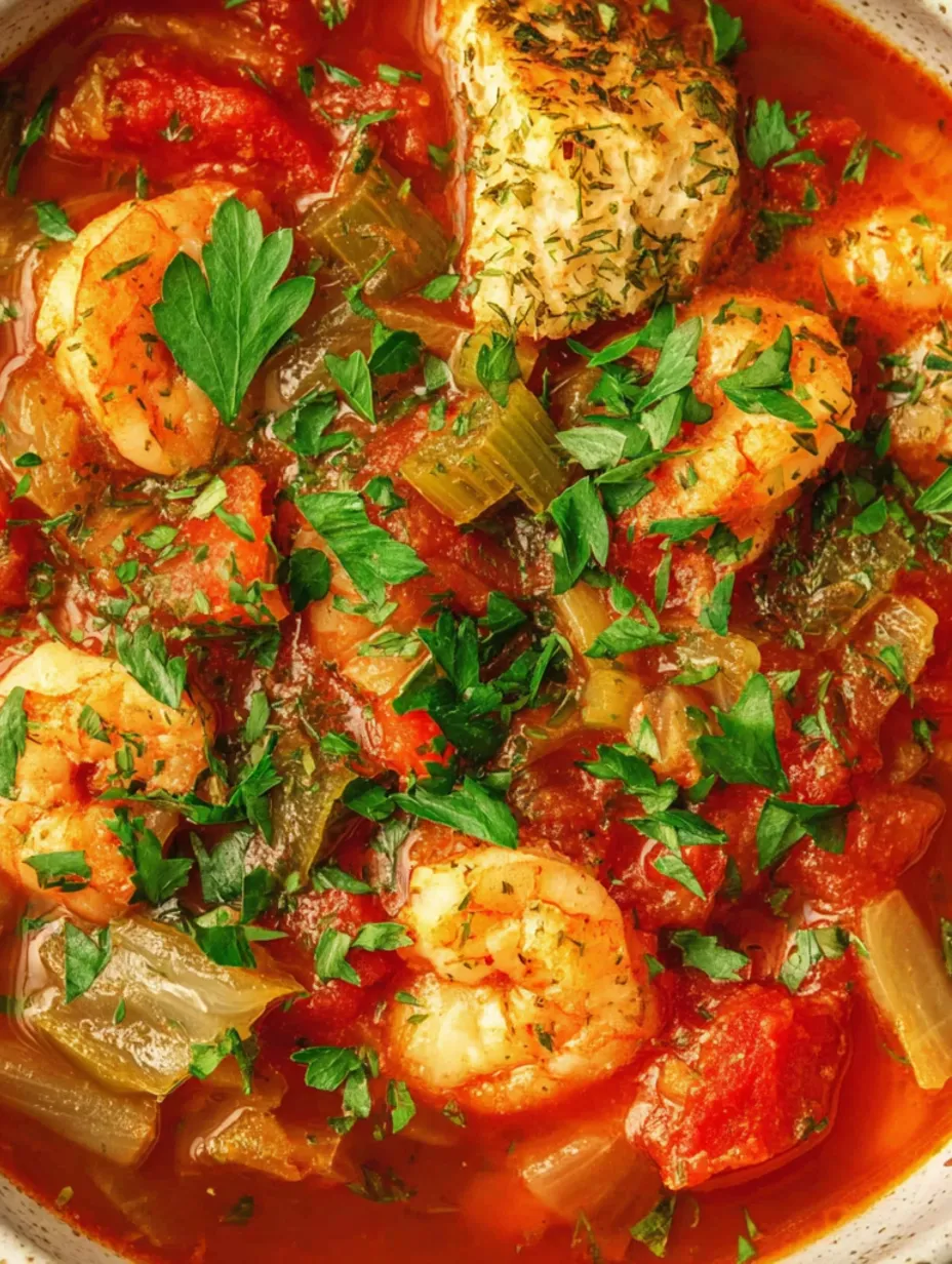 A close up of a shrimp and fish stew.