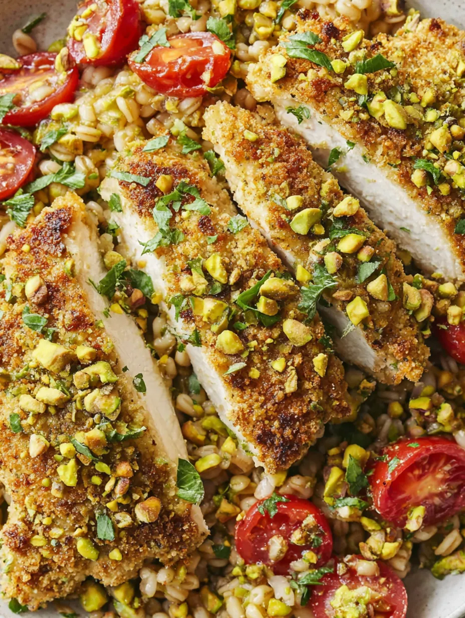 A dish of pistachio-crusted chicken with a warm barley salad.