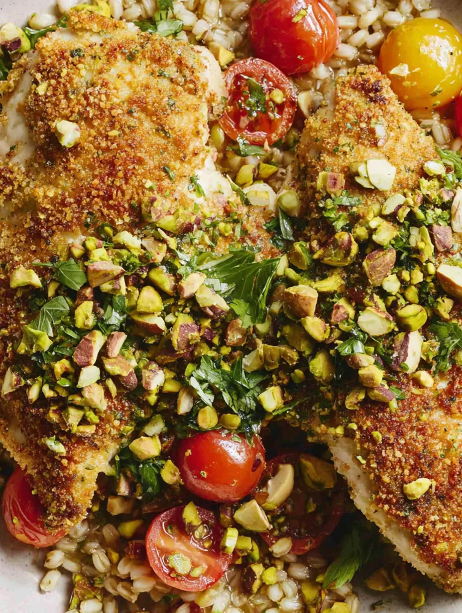 A dish of pistachio-crusted chicken with a warm barley salad.