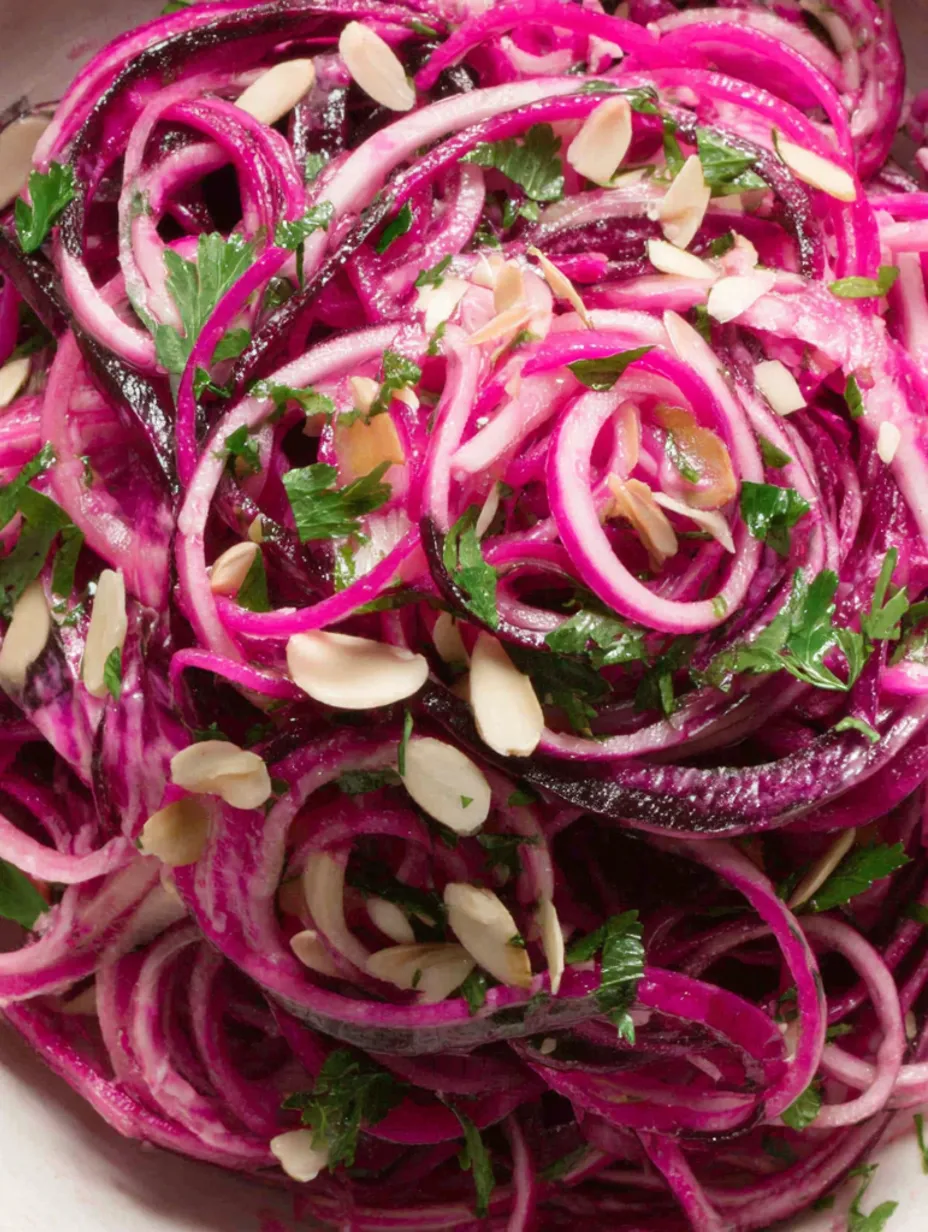 A close up of a salad with purple onions and almonds.