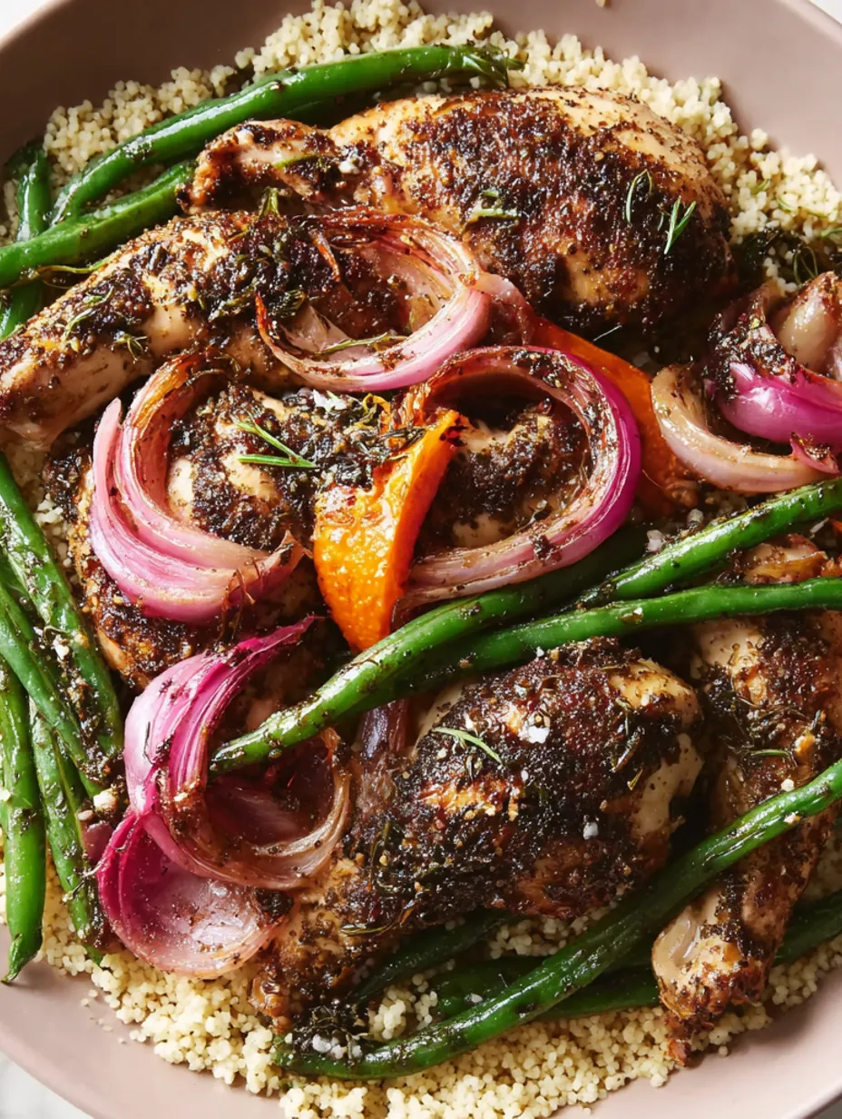 A dish of chicken with onions and green beans.