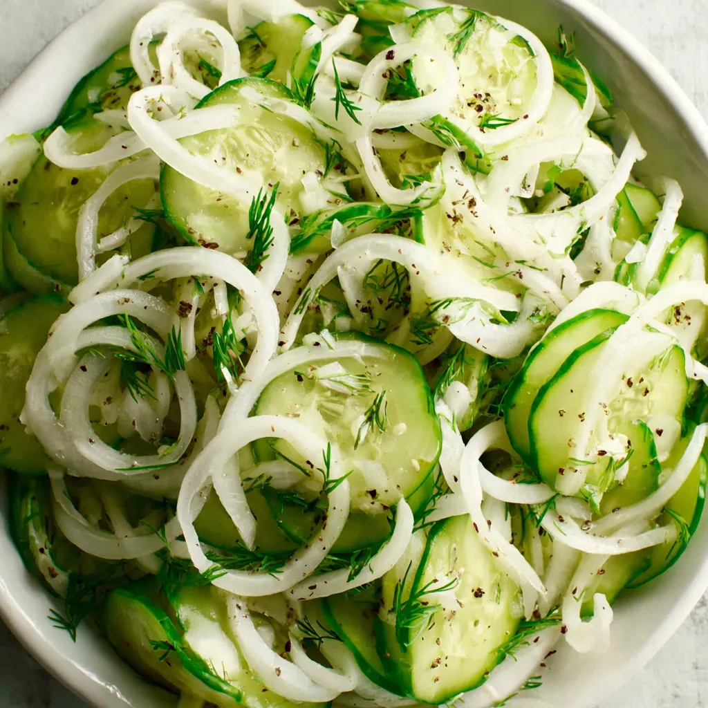 A bowl of cucumber and onion salad.