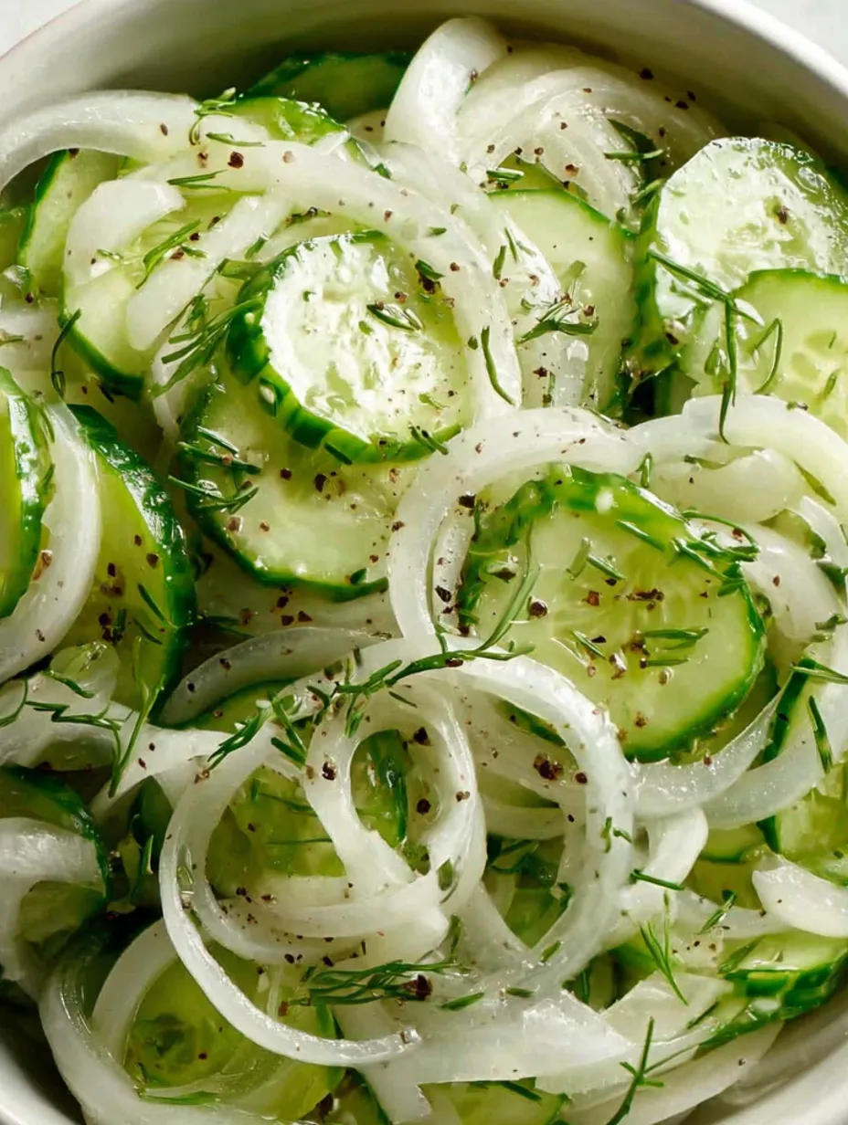 A bowl of cucumber and onion salad.