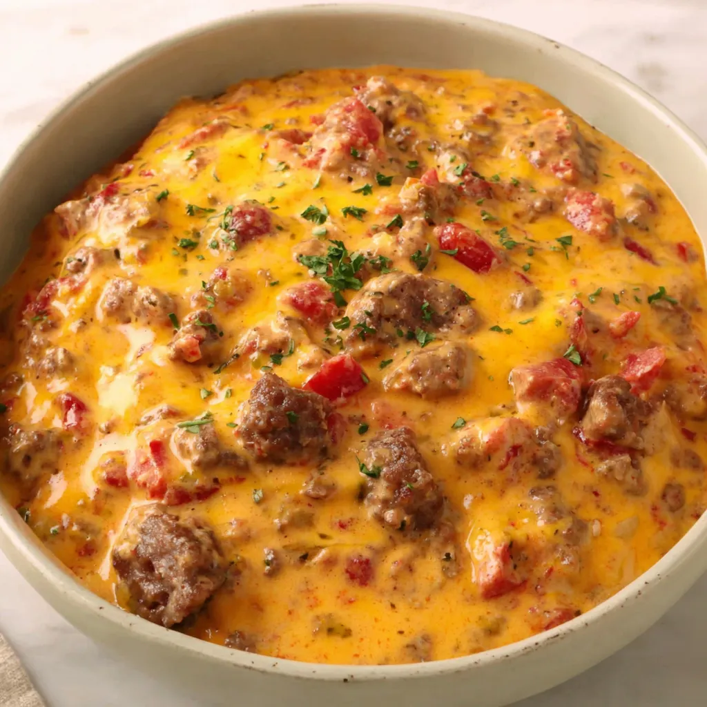 A bowl of Rotel Sausage Dip.