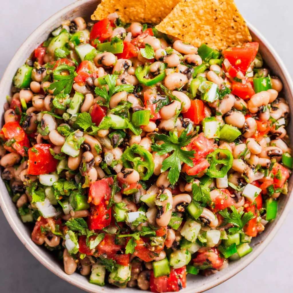 A bowl of Texas caviar with chips on top.