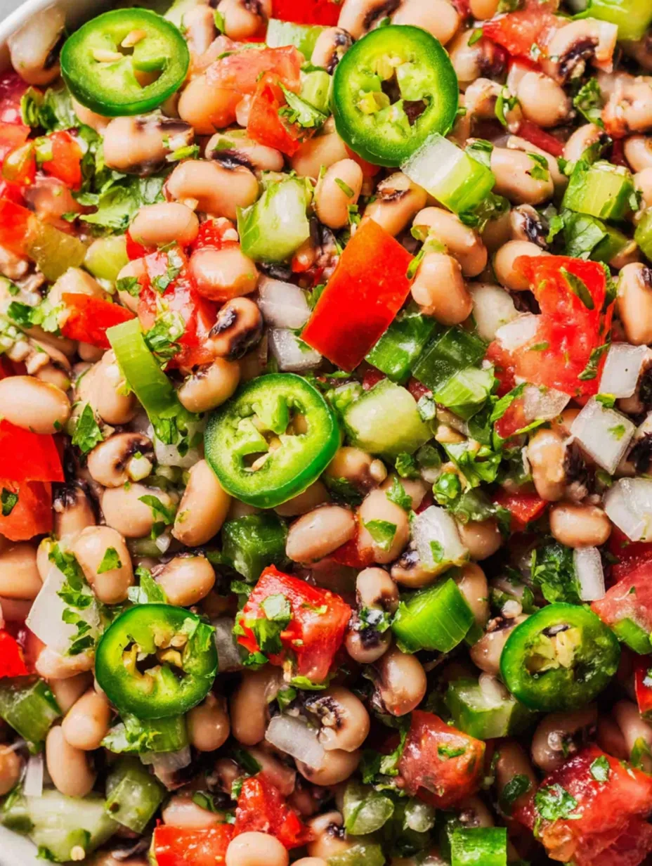 A dish of Texas Caviar with black beans, tomatoes, onions, and jalapenos.