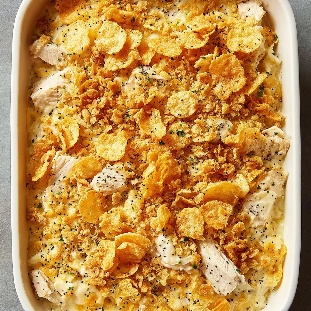 A dish of chicken covered in crispy bacon bits and poppy seeds.