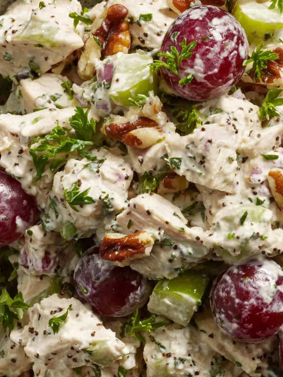 A close up of a Waldorf chicken salad.