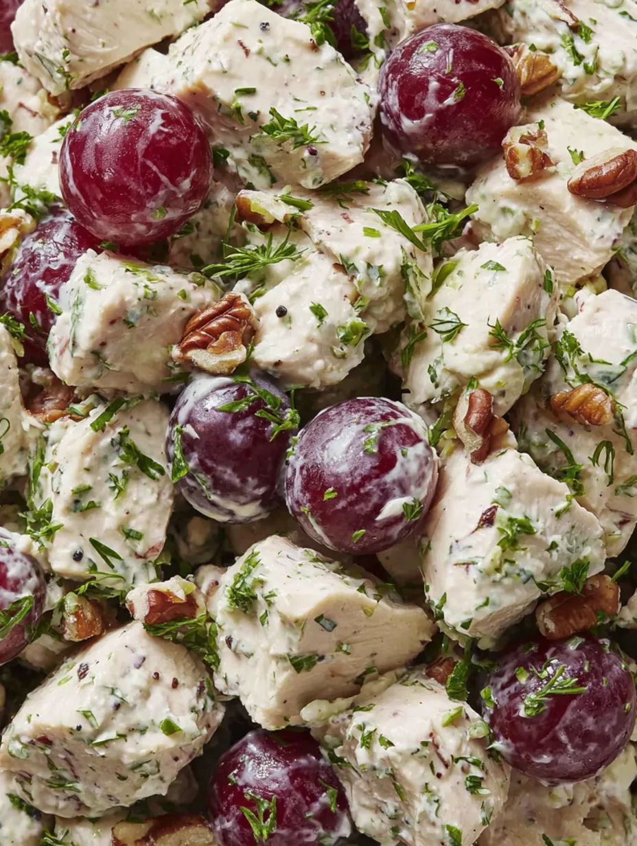 A close up of a Waldorf chicken salad.