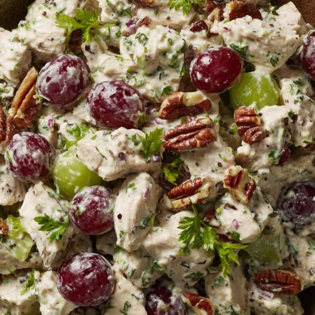 A bowl of Waldorf Chicken Salad.