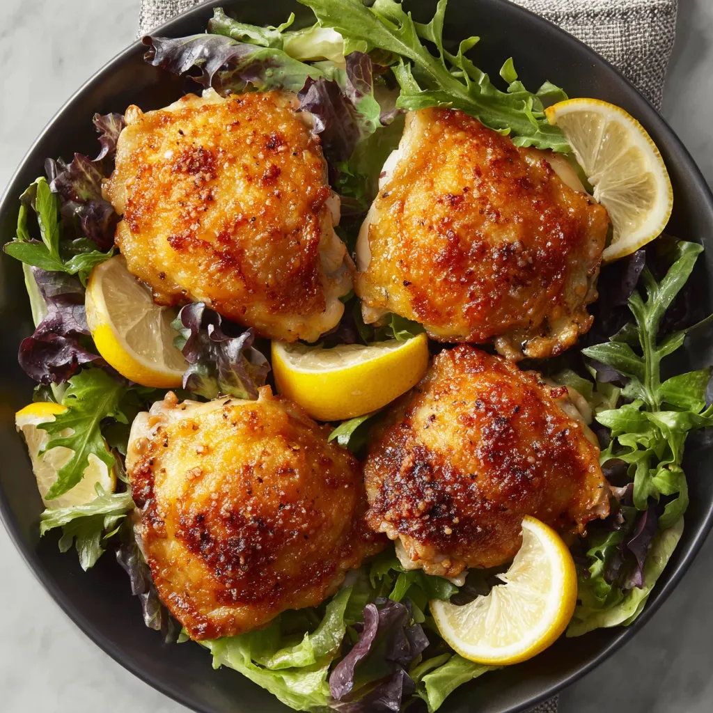 A plate of chicken thighs with lemon wedges on top.