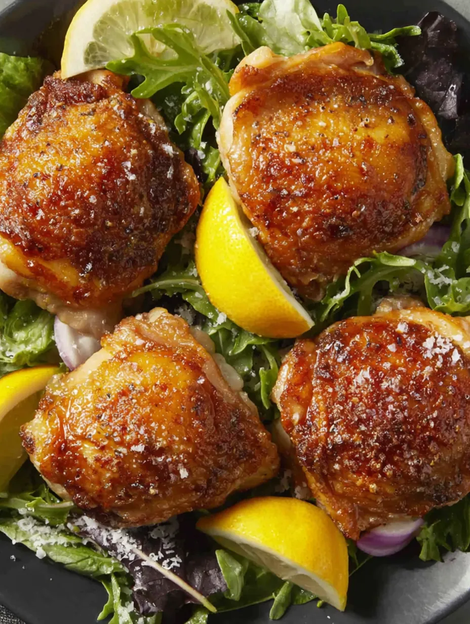 Crispy baked chicken thighs with lemon wedges.