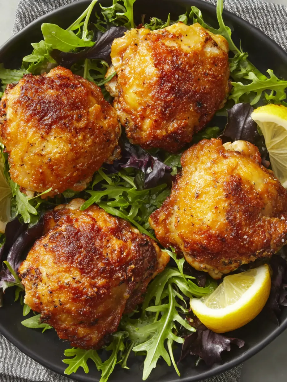 Crispy baked chicken thighs with greens and lemon.