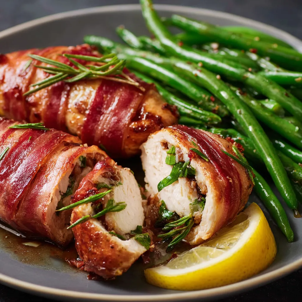 A plate of food with chicken and green beans.