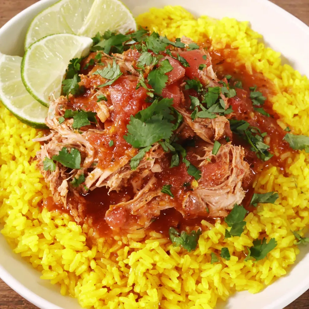 A bowl of slow-cooked chicken with rice and tomatoes.