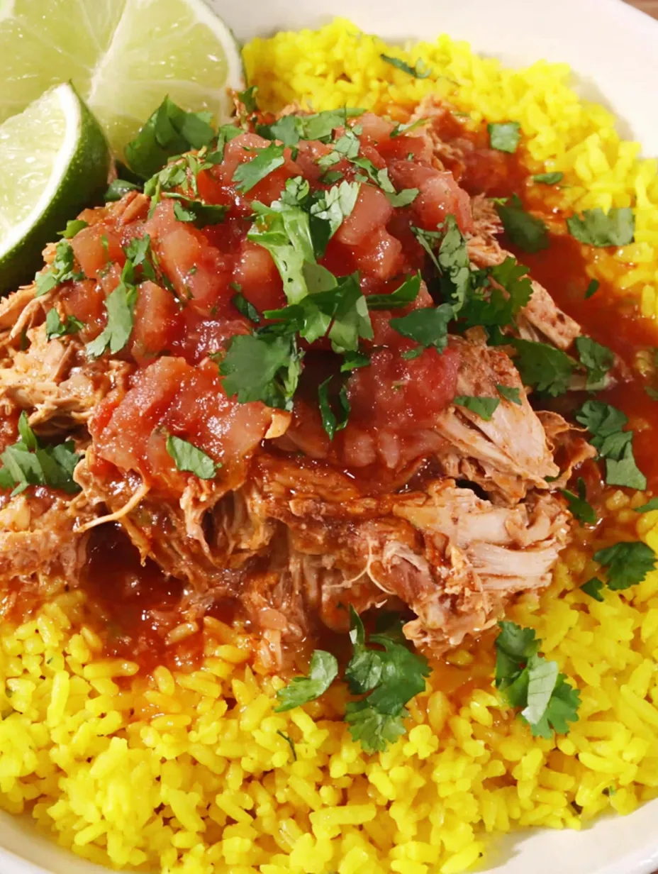 A plate of slow-cooked chicken with a salsa sauce.