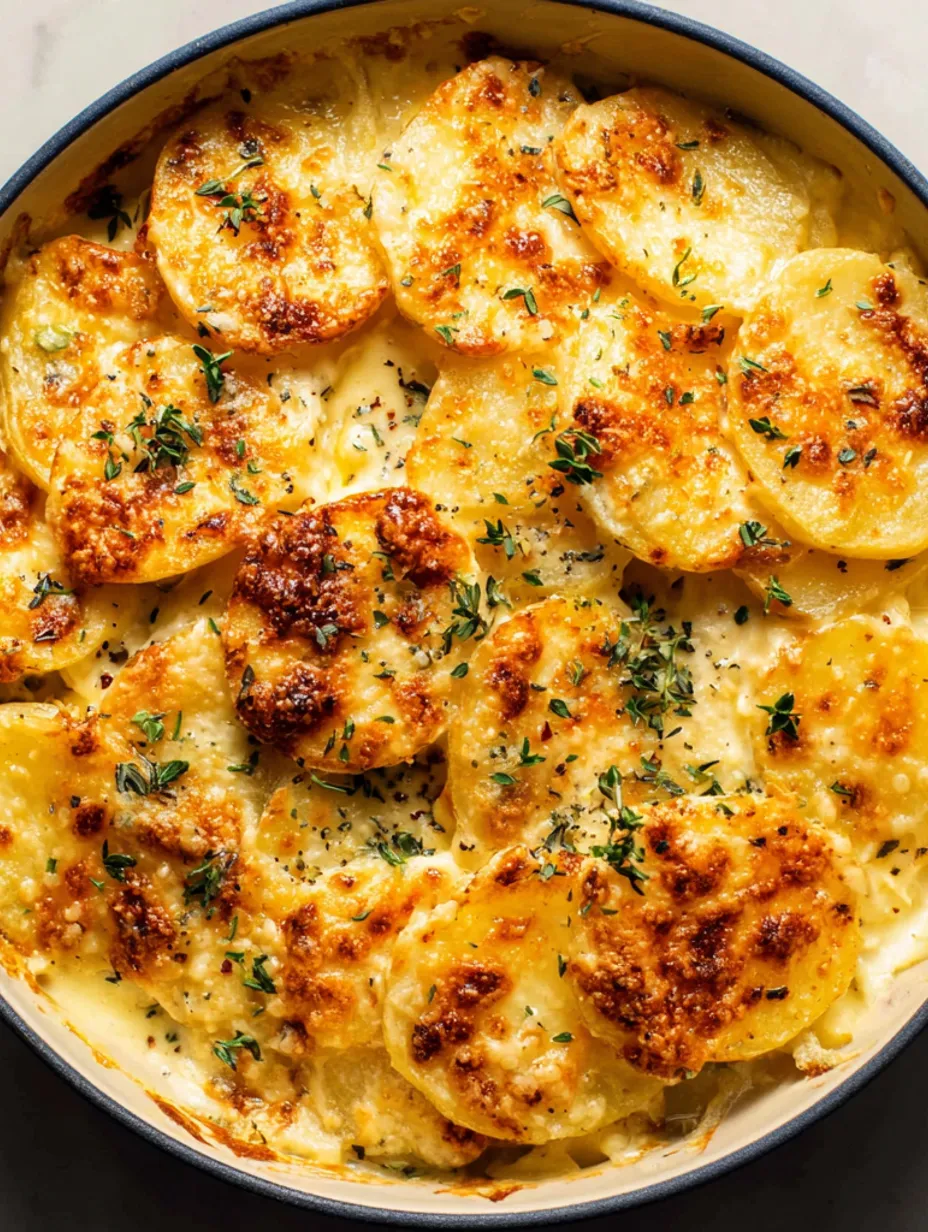 A potato and rutabaga gratin in a blue bowl.
