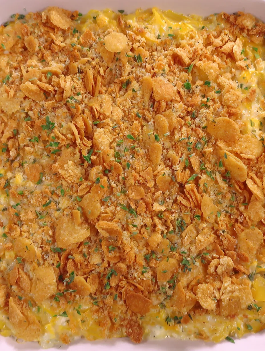 A close up of a casserole with chips on top.