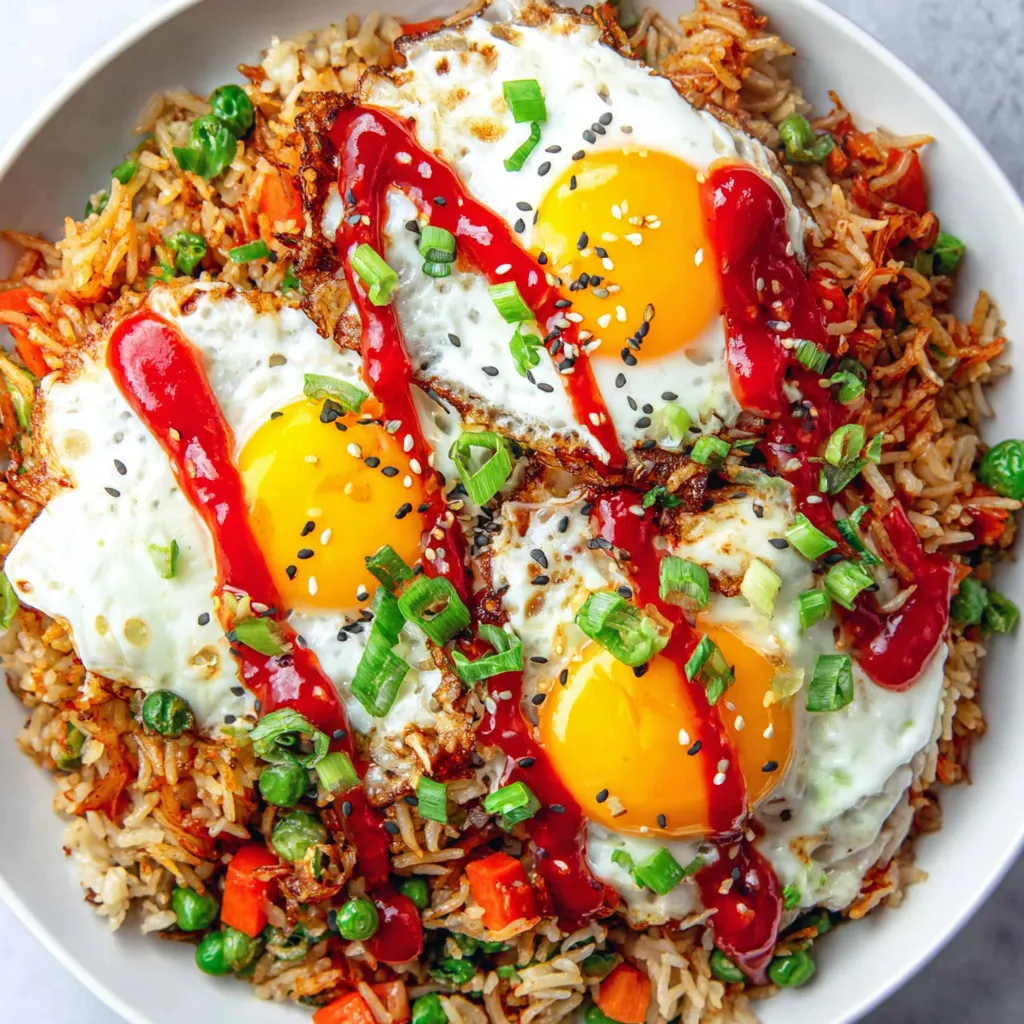 A plate of fried rice with eggs on top.