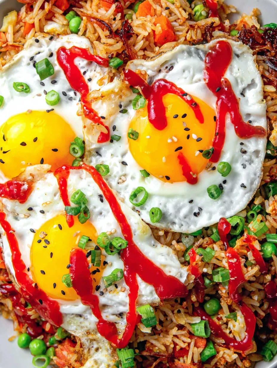 A close up of a fried rice dish with a fried egg on top.