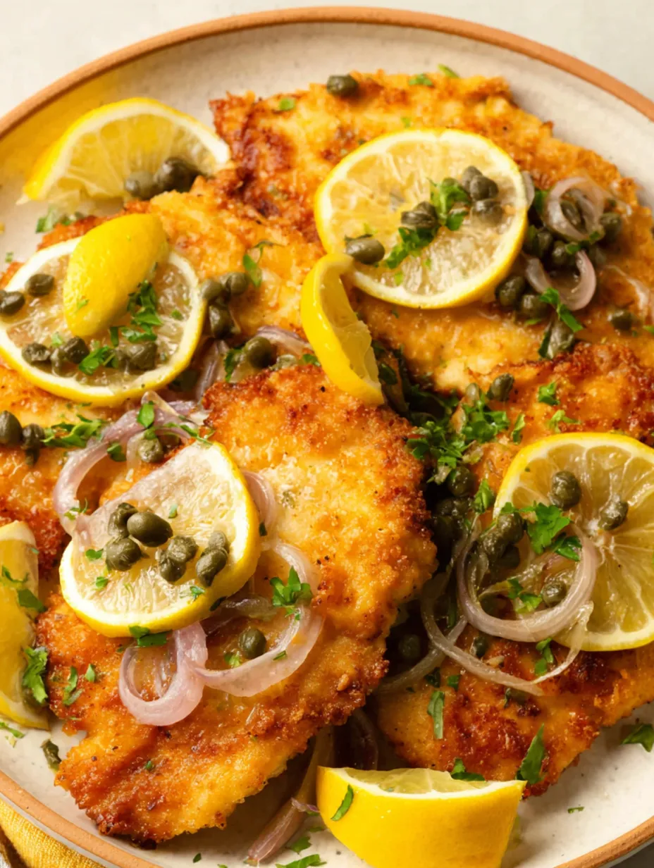 A plate of chicken with lemon and capers.