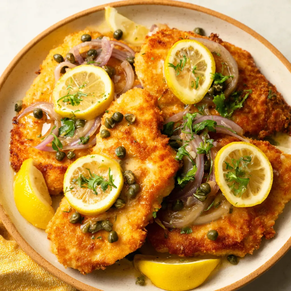 A plate of chicken with lemon and onions.