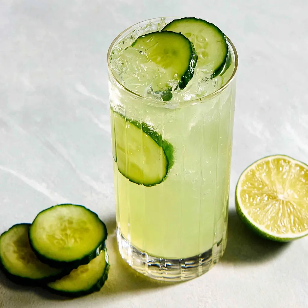 A glass of cucumber gin fizz cocktail with a slice of cucumber on the side.
