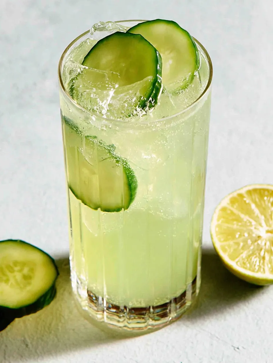 A glass of cucumber gin fizz cocktail.