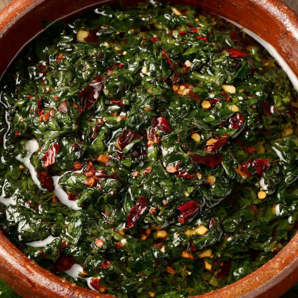 A bowl of green sauce.