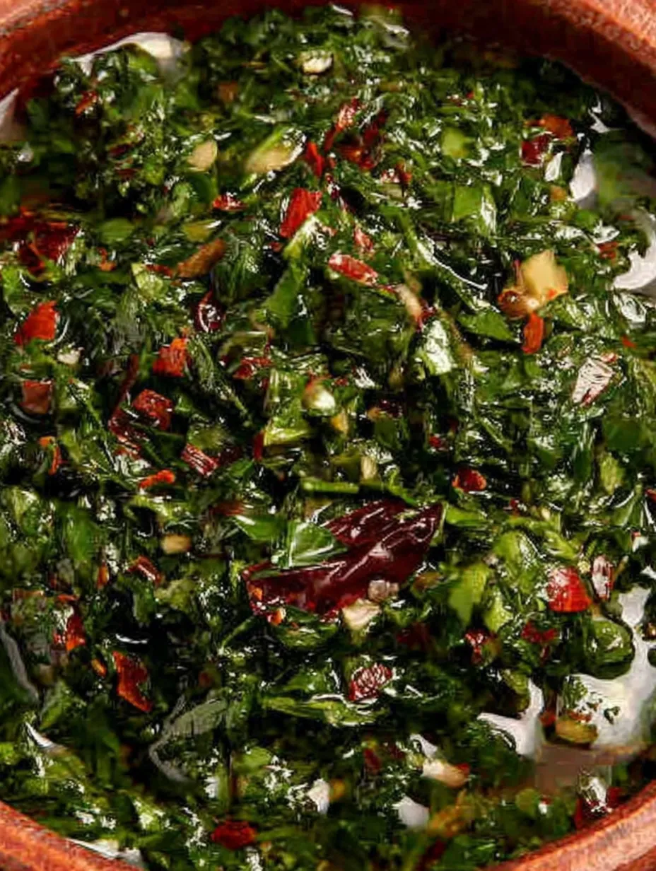 A close up of a green sauce with red peppers.